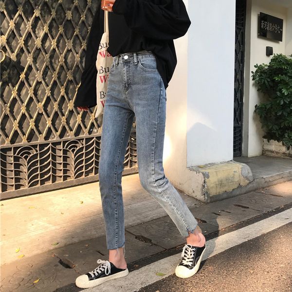 

mihoshop ulzzang korean korea women fashion clothing high waist casual elastic student pencil denim jeans pants, Blue