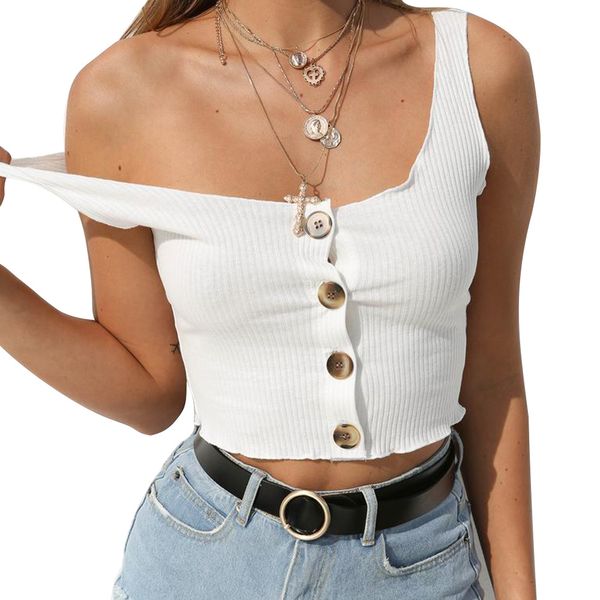 

women crop 2018 summer button strap tank cropped feminino ladies elastic shirt vest camisole, White