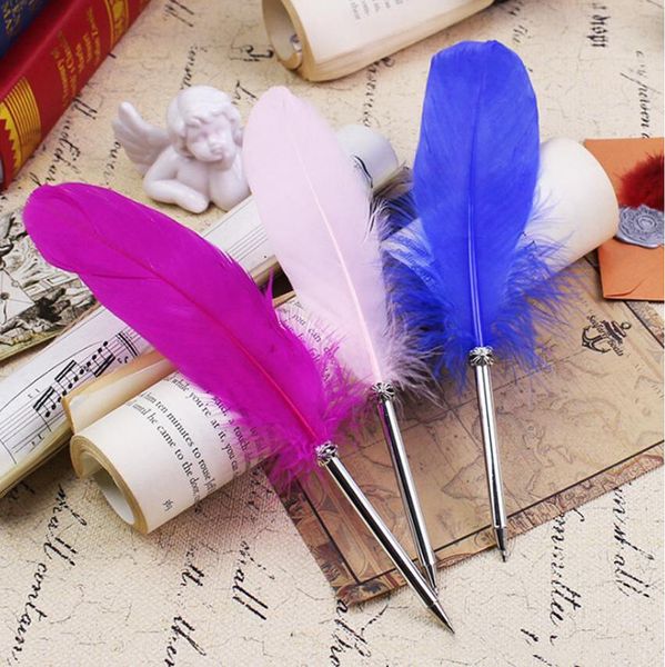 

fashion feather quill ballpoint pen 14colors ballpoint pens for wedding gift office school writing supplie 100pcs, Blue;orange