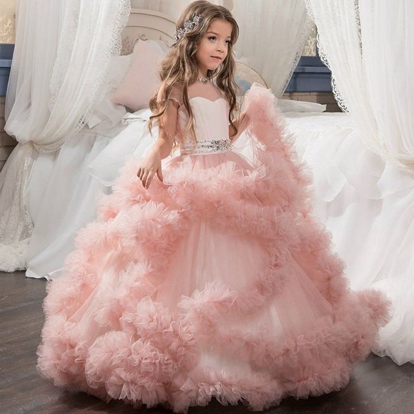 Pageant Çocuk Kıyafeti Pembe Tül Fırfır Sevimli Kristal Çiçek Kız Elbise Düğün Kızın Kat Uzunluk için Çocuk Parti Doğum Günü Elbise 17FLGB449