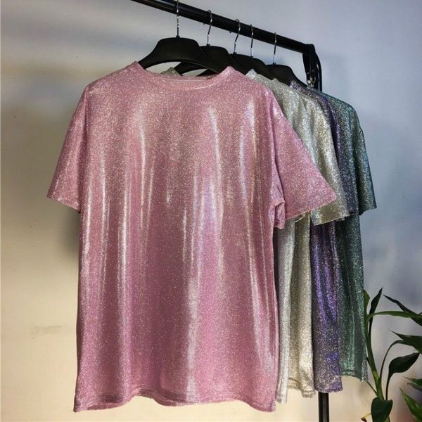 

women loose shiny pullover t shirt short sleeve metallic glitter sparkly students shirt solid colo fashion casual clothes, White