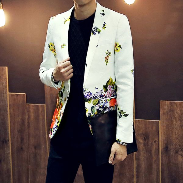 

s-5xl mens blazers lapel collar white one button slim fit floral printed formal british style coats wedding plus size, White;black