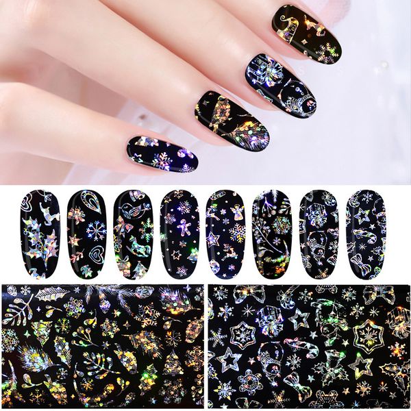 

4pcs/pack christmas snowflakes nail foils holographic nail transfer stickers decals wraps 3d laser glitter art decorations, Black