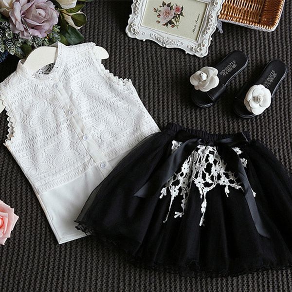 

children clothing summer girls clothes sets 2018 new kids sleeveless lace shirt skirt suits 2pcs cotton girl, White
