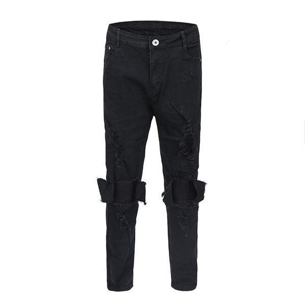 

2019 new hiphop kanye west beggars cut thin elastic slim jeans with big holes in knees hole men women japan joggers pants, Blue