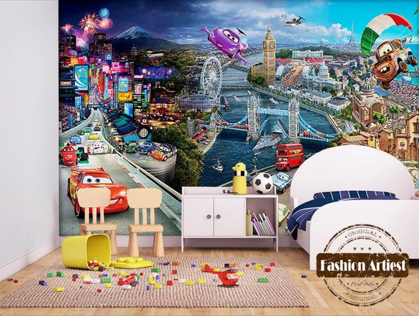 Custom 3d Boys Kids Cartoon Karting Car Wallpaper Mural Running Car Flying City View Children Bedroom Living Room Background Women Wallpapers Xmas