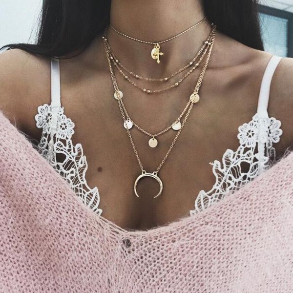 

women charm round moon chain pendant gold silver necklace personality multilayer clavicle necklace set fashion birthday gift