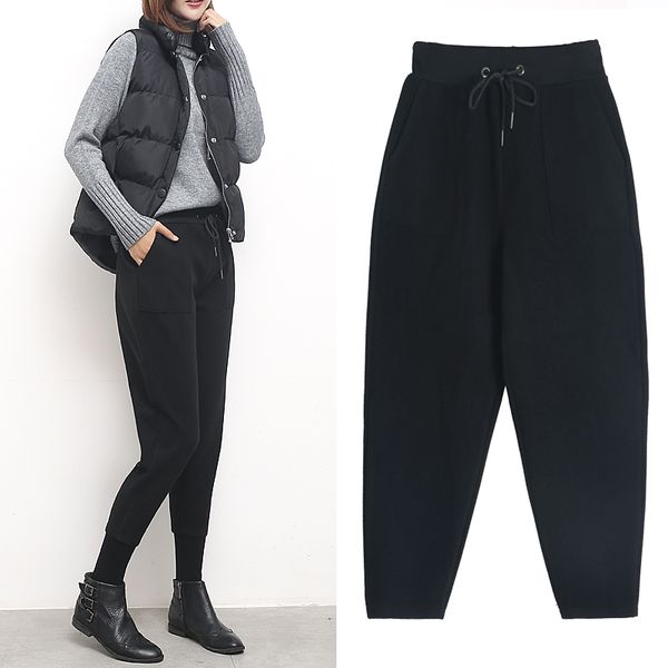 

wool pants thick warm woolen pants autumn and winter korean version the elastic waist harlan loose leisure, Black;white