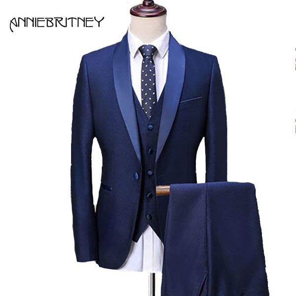 

navy blue men suits for wedding suit for men 2018 slim fit groom tuxedo satin shawl lapel blazer men's classic suits 3 piece, White;black