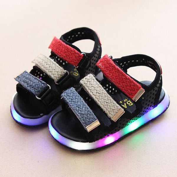 

summer led light bling bling shoes children sandals boys girls hook loop lighted up night sandals kids baby luminous shoes, Black;red