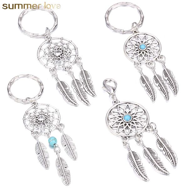 

vintage sliver feather dreamcather round hollow keychain for women tassel beads leaf key ring fit bag key car decorative jewelry, Slivery;golden