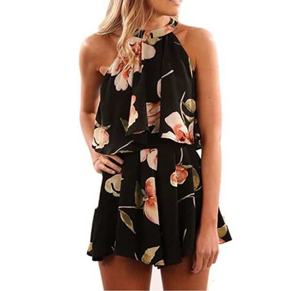 

лето комбинезон женский комбинезон boho цветочный принт ползунки для женщин с плеча холтер рукавов чешский пляж комбинезон шорты, Black;white