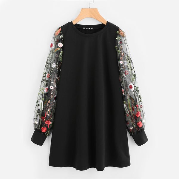 

new botanical embroidered mesh sleeve longline pullover elegant black long sleeve casual fall o-neck sweatshirts