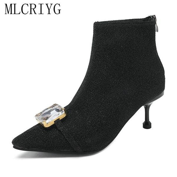 

2018 new ankle cotton women's classical boots autumn shoes woman crystal zipper thin heels solid comfortable ladies boot, Black