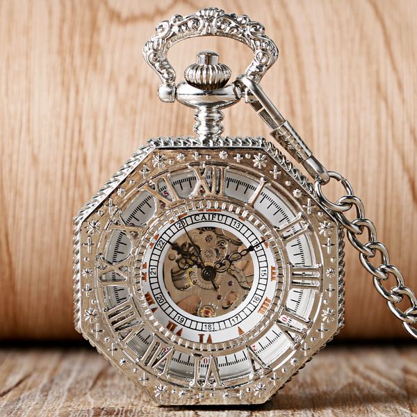 

octagon mechanical pocket watches men women roman numbers hand winding half hunter hollow pendant clock fob chain gift, Slivery;golden