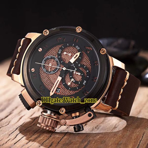 

date u-51 chimera b&b 8098 46mm quartz chronograph mens watch brown dial two tone rose gold case leather strap gents sport watches, Slivery;brown