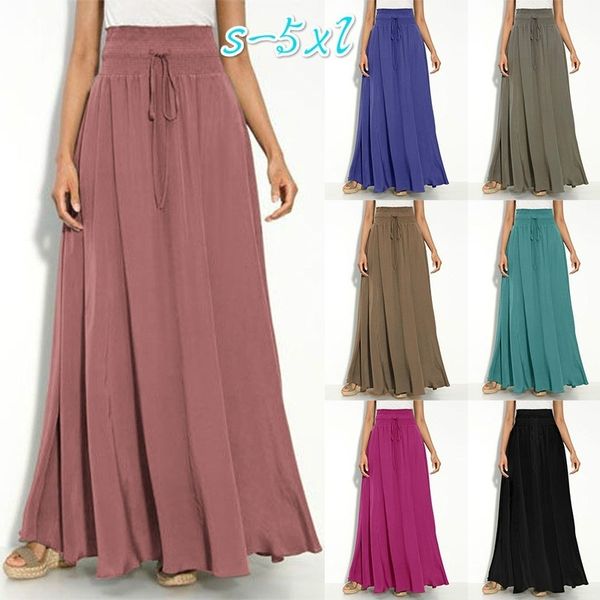

women new fashion summer street grey skirt maxi long elastic waist skirt,s-5xl, Black