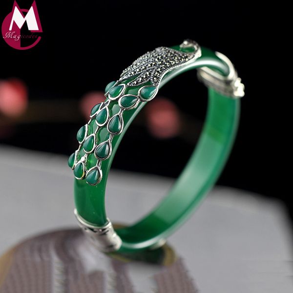 

gemstones jewelry ethnic grandeur peacock jade bangle for women bracelet 925 silver female original design chalcedony gifts sb54, Golden;silver