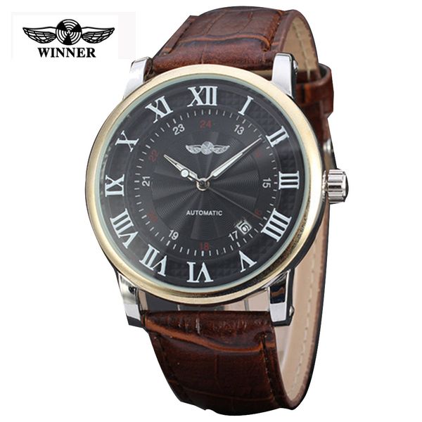 

2016 mens watches casual mechanical business wristwatch leather strap male clock watch relog masculino, Slivery;brown