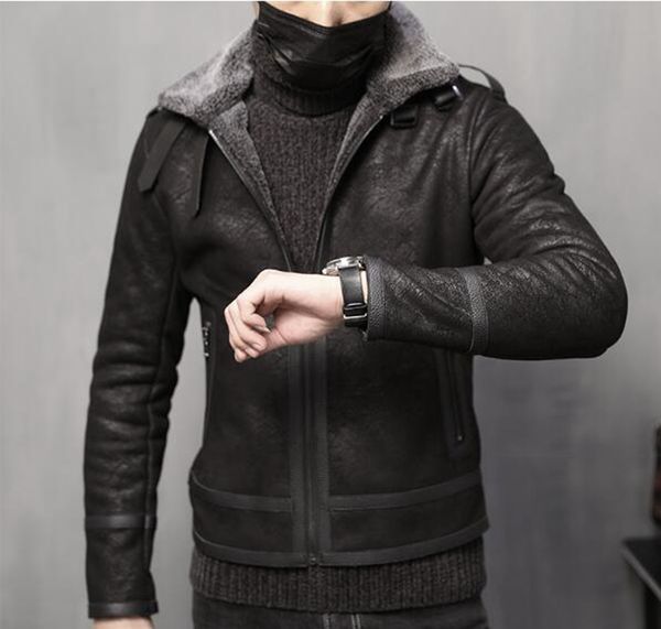 

men's autumn winter trend business new boutique xieshen personality mao collar handsome velvet locomotive leather coat / m-5xl, Black