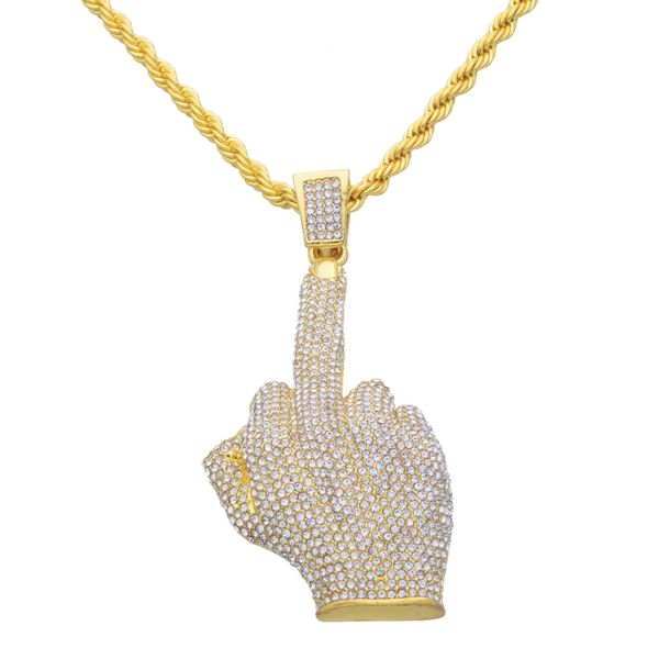 

хип-хоп мужчины женщины позолоченные полный горный хрусталь большой средний палец подвески ожерелья bling кристалл цепи мода ювелирные издел, Silver