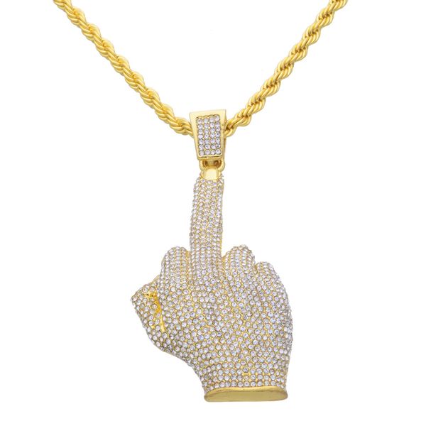 

hip hop men women gold color plated with full rhinestone big middle finger pendants necklaces bling crystal chains vogue jewelry, Silver