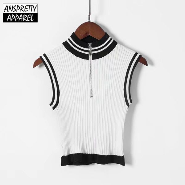 

anspretty apparel knitted crop women zipper turtleneck neck striped side tank ladies bodycon short, White
