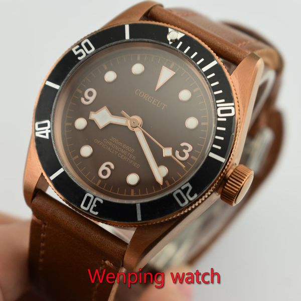 

41mm corgeut watch water resistance vintage bronze plating stainless steel sapphire glass miyota automatic movement men's watch, Slivery;brown