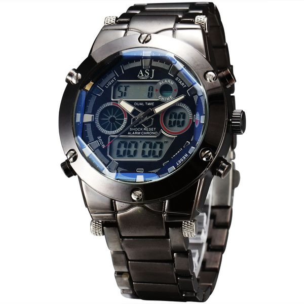 

brand asj men steel band waterproof analog-digital army sport watch alarm date dial back light multi-functional wristwatches, Slivery;brown