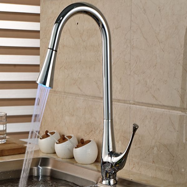 

wholesale and retail promotion modern swivel spout kitchen faucet chrome brass vessel sink mixer tap pull out sprayer