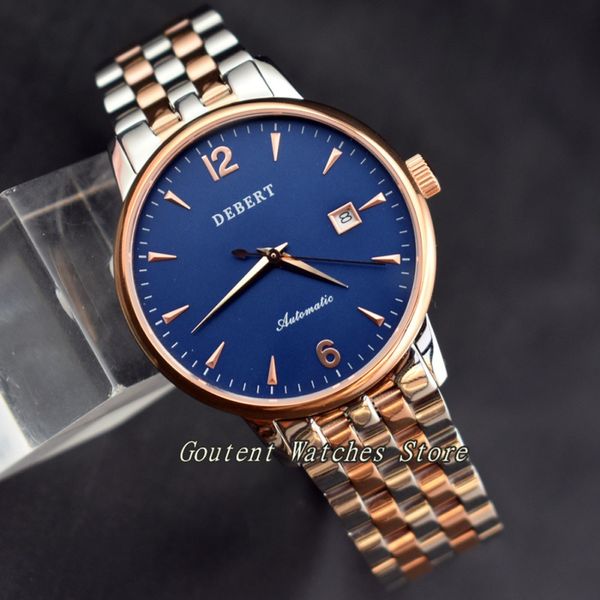 

40mm debert date rose gold case blue dial miyota 8215 sapphire glass steel bracelet automatic watch, Slivery;brown