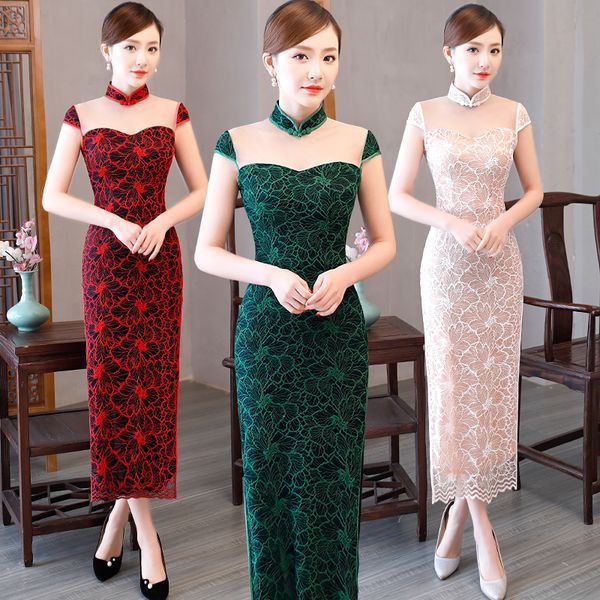 Женщины платья партии китайский стиль стенд воротник Vestidos кружева Cheongsam платье Мандарин ретро цветочный узор длинные летние платья