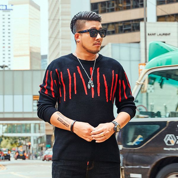 

gxxh new tide brand large size men's sweater autumn and winter striped long-sleeved knitted sweater more size xxl-6xl 7xl, White;black