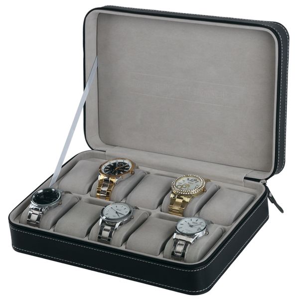 

multifunction quality leather zipper watch bag portable leather bag watch case 10sets wristwatch box storage fashion boxes, Black;blue