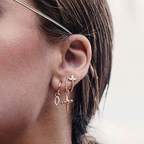 

punk earring set girls/ladies gold plated alloy cross stud earring set 3pcs set stud earrings, Golden;silver