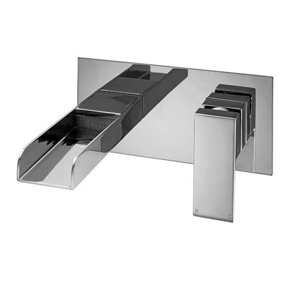 

chrome waterfall basin faucet wall mounted single lever basin mixer set cascade spout with plate square solid brass construction