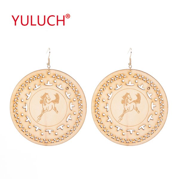 

yuluch new design wooden personality woman earrings for the big round carved horse horse earrings jewelry fashion jewelry gift, Silver