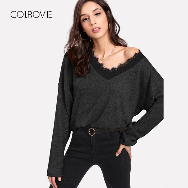 

colrovie black solid eyelash lace casual knitted sweater 2018 autumn green v neck women jumper pullovers loose winter sweater, White;black