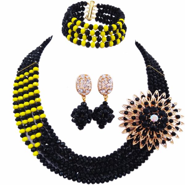 

wholesale 12pcs black opaque yellow multi strands statement necklace nigerian wedding african beads jewelry set crystal 5jz08, Slivery;golden