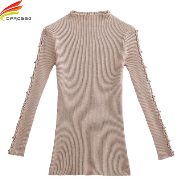 

2018 autumn women pullover sweater high elastic woman clothes long sleeve beaded turtleneck basic rib knitted pullovers, White;black