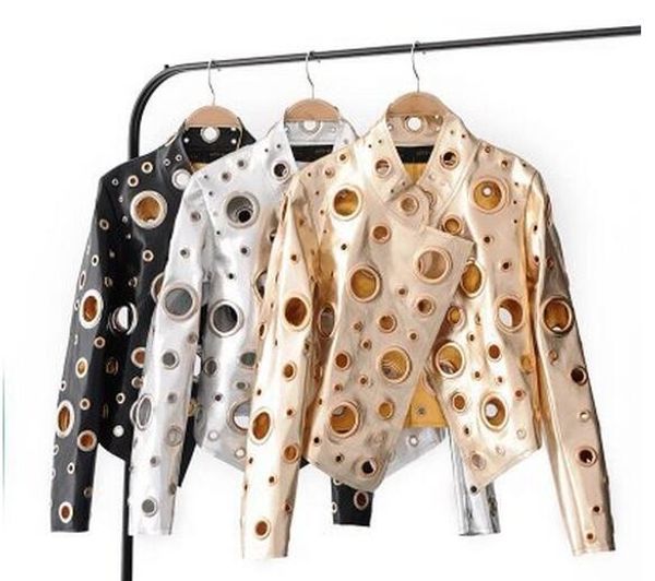 

Женские кожаные куртки Новые модные заклепки Отверстия для мотоциклистов Байкеры из искусственной кожи PU Стенд с воротником из дамы Пальто
