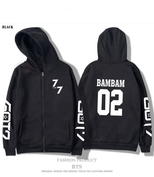 

blackday hip hop got7 7for7 k-pop spring hoodies men/women zipper printed outwear casual tracksuit style hoodie plus size, Black