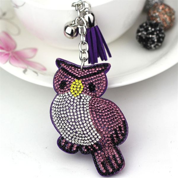 

cute owl keychain rhinestone crystal keyring car key chain women silver key holder ring bague 6 colors wholesale jewelry 6c2365