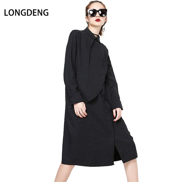 

spring trendy solid color turn-down collar full sleeves women dress plus size with pockets casual loose long knee-length 18-8710, White;black