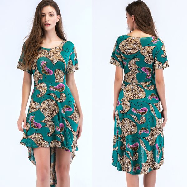 

2018 new arrival summer irregular large pendulum dress o-neck short sleeve women dresses fashion casual pinted female dress, Black;gray