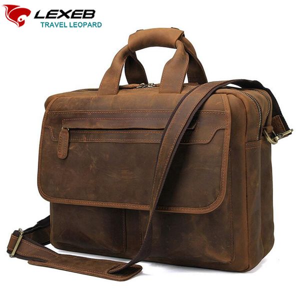 

lexeb genuine leather briefcase for men business travel bag vintage crazy horse bags , attached 15 inch lapcase in brown