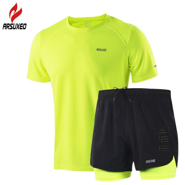 

arsuxeo summer men's running set compression jogging shorts quick dry sport t shirt running suit sportswear gym clothes, Black;blue