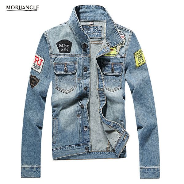

moruancle fashion men's ripped denim jacket with patches slim fit distressed jeans jackets for male patchwork plus size m-4xl, Black;brown