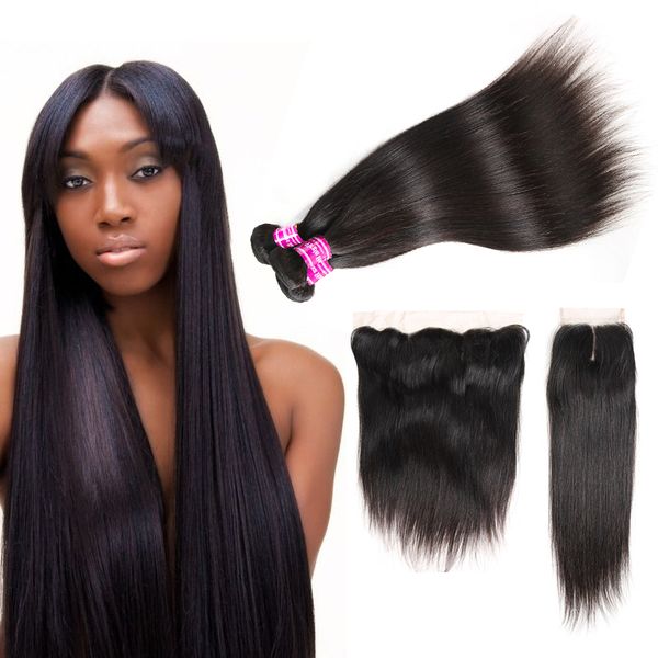 

superior supplier brazilian virgin hair straight bundles with lace closure & frontal unprocessed peruvian indian human hair extensions wefts, Black