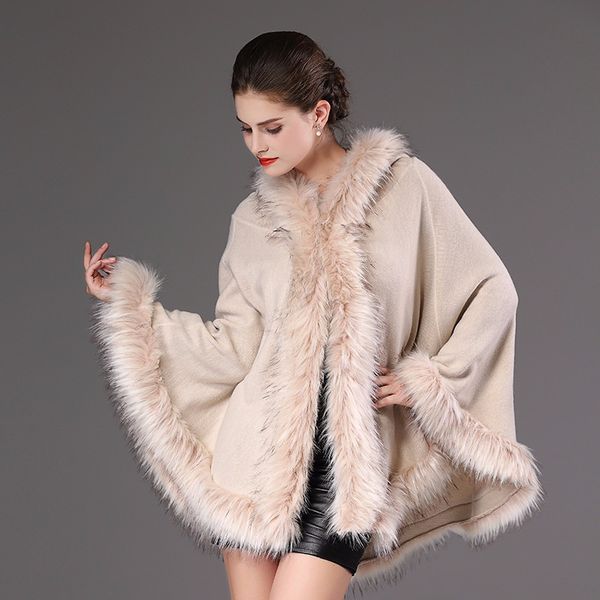 

women loose imitation coat braid hair collar hooded sweater cardigan shawl cloak fur jacket coat, Black